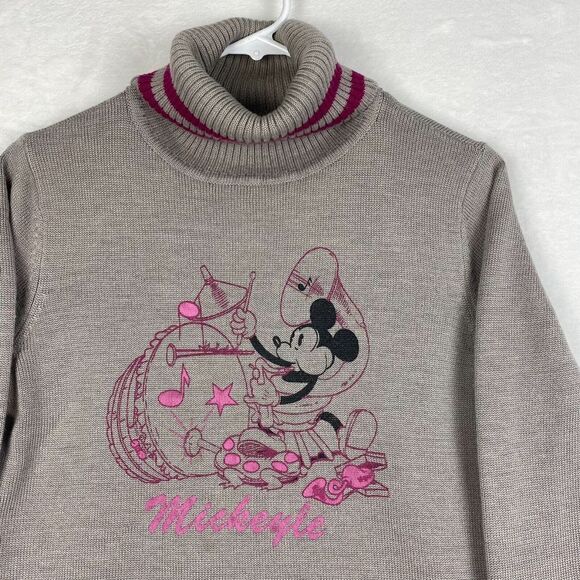 Disney Mickey Mouse Sweater Womens Medium Gray Prink Turtle Neck Knit Stretch - Picture 4 of 7